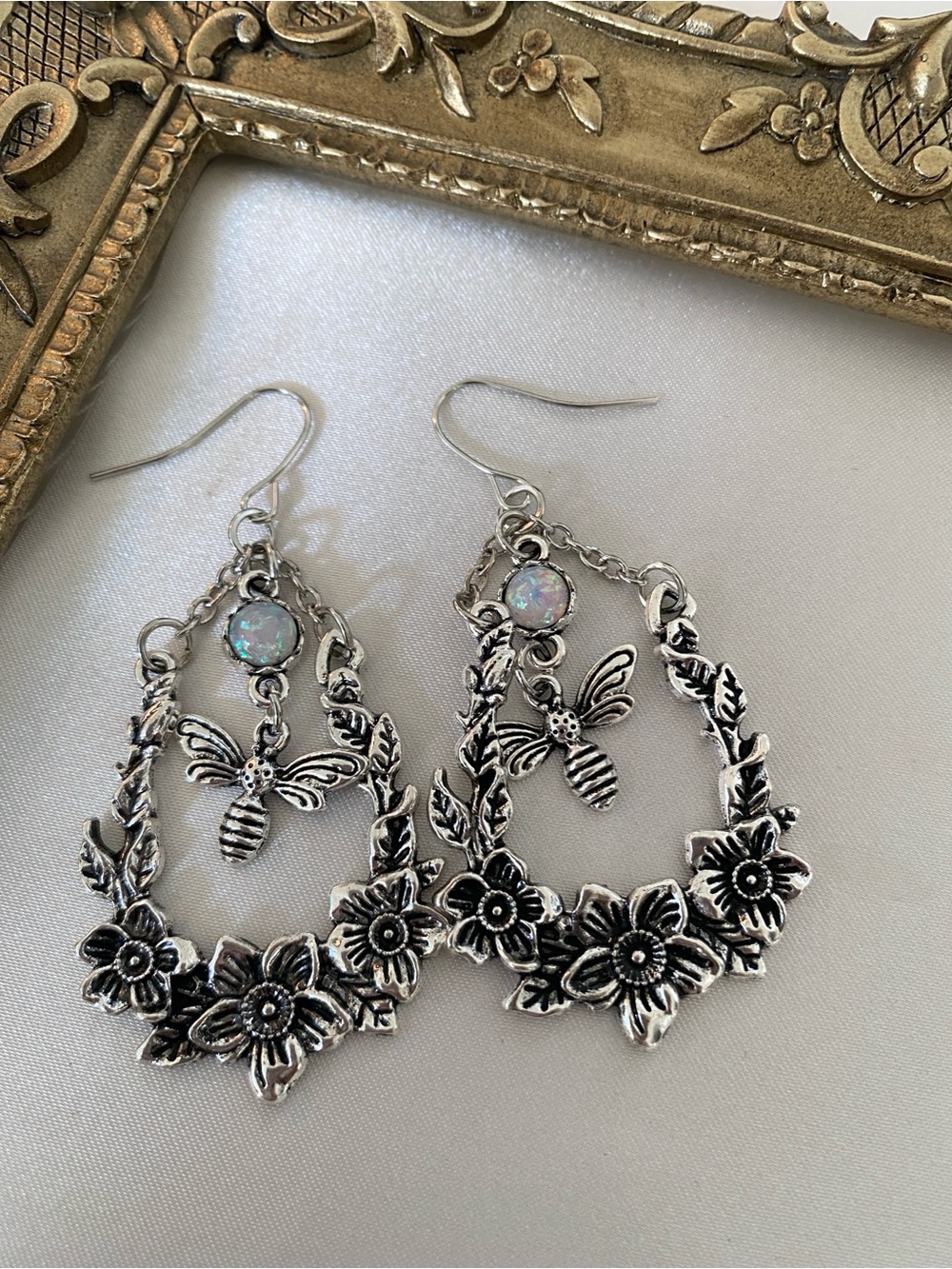 Boho Silver Tone Bee Floral Earrings Faux Opal Teardrop Dangle Nature Inspired